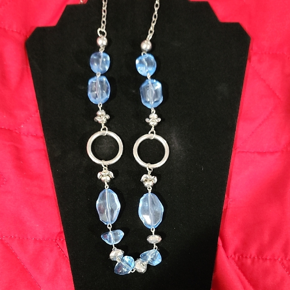 Blue and Silver Beaded Necklace with Pendant Design